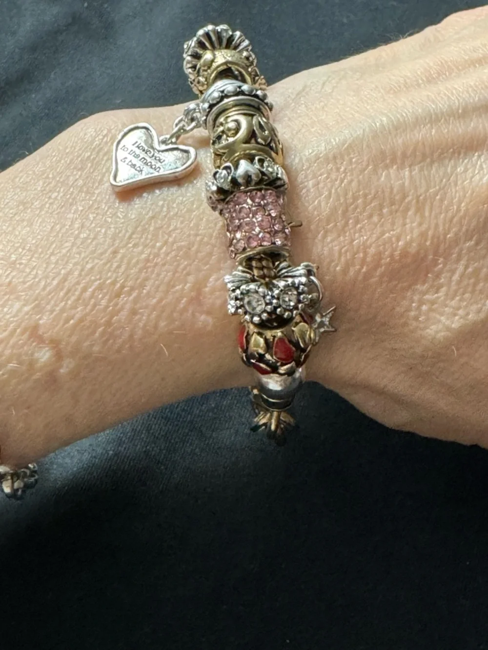 Whimsical Charm Bracelet Gold Tone Pink Rhinestones Hearts Girlhood Charm Chaos
